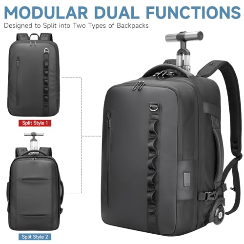 Travel Rolling Backpack,3 in 1 Carry on Backpack Flight Approved,Waterproof Personal Item Bag with Detachable Backpack,Extra Luggage Backpack 50L for Work Teacher College,Black