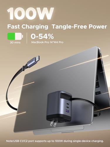 UGREEN Nexode 100W GaN 3-Port USB-C Charger for MacBook & iPhone | Built-in retractable cable, GaN tech, Wall adapter. Powers for laptops, iPhones, DJI drones