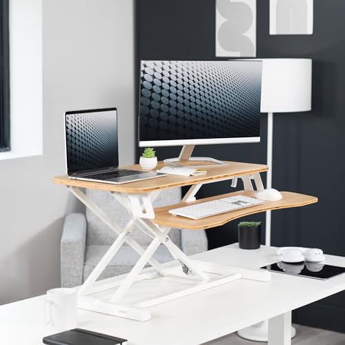 VIVO Real Bamboo 32 inch Standing Desk Converter, DESK-V000KO | Height Adjustable, Stand Up Desk Riser, Wide Keyboard Tray, Dual Monitor and Laptop Workstation, Black Frame, K Series - color: Bamboo, size: 32"