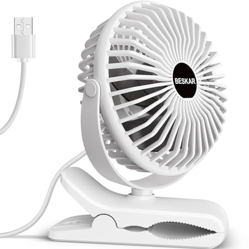 BESKAR Clip on Fan, 360° Rotation Quiet Stroller Fans with Strong Airflow,3 Speeds, Portable Small Fans with Sturdy Clamp,Perfect Personal Cooling Fan for Office Table Bedroom Kitchen - color: White