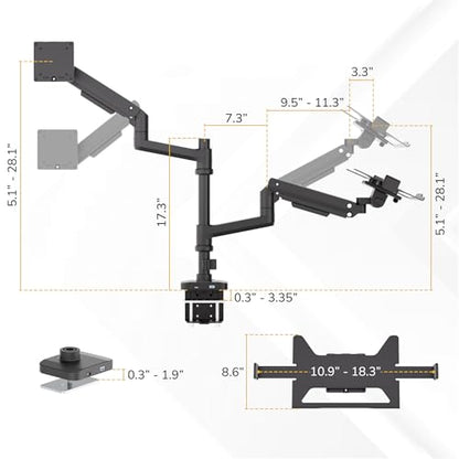 Mount-It! Proflex Series Premium Monitor and Laptop Mount with Pole, Gas Spring Arm, Supports 17–49" Ultrawide Monitors & 11.6–17.3" Laptops up to 44 lbs, USB 3.0 & USB-C, Full Motion