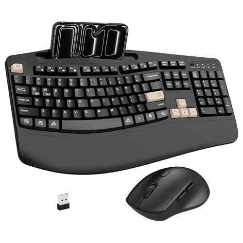 Wireless Keyboard and Mouse Combo, 2.4G Full Size Wave Keys Ergonomic Keyboard with Wrist Rest, Phone Holder, 3-Level DPI Wireless Silent Mouse with 6-Buttons, for Windows (Latte Black) - color: Latte Black