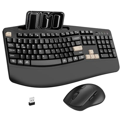 Wireless Keyboard and Mouse Combo, 2.4G Full Size Wave Keys Ergonomic Keyboard with Wrist Rest, Phone Holder, 3-Level DPI Wireless Silent Mouse with 6-Buttons, for Windows (Latte Black) - color: Latte Black