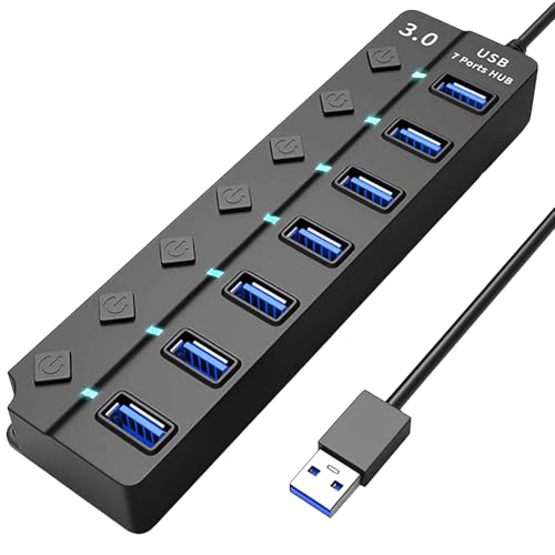 USB 3.0 Hub with 7*USB 3.0 Ports, 5Gbps High-Speed USB Extender with Individual Switch and LED Indicator Light, USB Hub for Laptop, PC, MacBook, Mac Pro, Mac mini, iMac, Surface Pro and More-1FT
