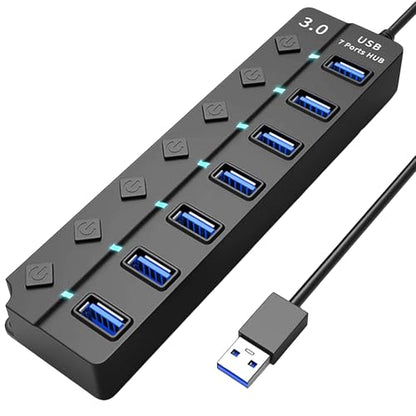 USB 3.0 Hub with 7*USB 3.0 Ports, 5Gbps High-Speed USB Extender with Individual Switch and LED Indicator Light, USB Hub for Laptop, PC, MacBook, Mac Pro, Mac mini, iMac, Surface Pro and More-1FT