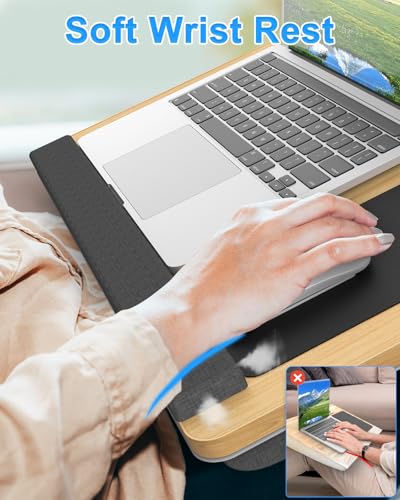 HETTHI Laptop Lap Desk, Portable Large Laptop Desk for Bed, Up to 17 in Lap Table with Wrist Rest, Mouse Pad, Tablet Phone Slot, Portable Handle, Cushion (Light Brown) - color: Light Brown
