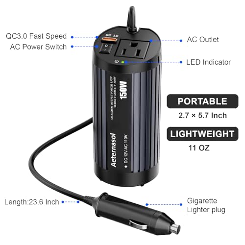 150W Car Power Inverter Cup Holder, 12V DC to 110V AC Power Converter with 1 AC Outlet and 1 USB-QC, Car Plug Adapter Car Outlet Adapter for Laptop, Computer, Phones on Camping Road Trip