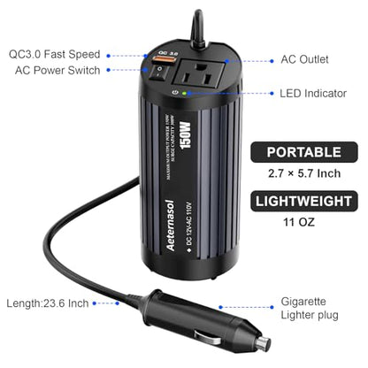 150W Car Power Inverter Cup Holder, 12V DC to 110V AC Power Converter with 1 AC Outlet and 1 USB-QC, Car Plug Adapter Car Outlet Adapter for Laptop, Computer, Phones on Camping Road Trip