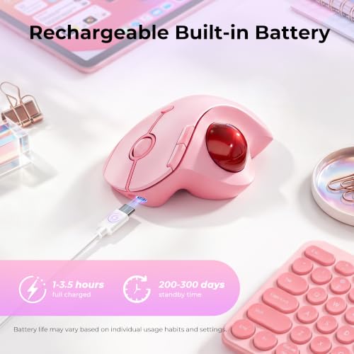 seenda Wireless Trackball Mouse, Ergonomic Bluetooth Rollerball Mouse,Pink | USB-C rechargeable, 3-device Bluetooth+2.4G USB, thumb control, 5-level DPI and space-saving comfort for laptop, PC and Mac. - color: Pink