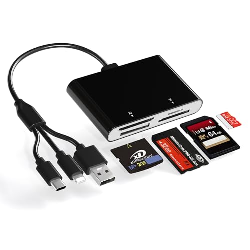 Memory Stick Pro Duo Card Reader, 4 in 1 SD/TF/MS/XD Card Reader with L-ightning+USB A+USB C, Multi Card Reader Support OTG, Fast Data Transfer, Memory Stick Reader for i-Phone/Android/PC