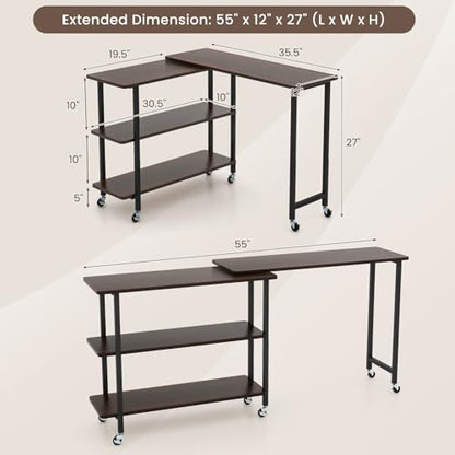 Giantex 360° Free Rotating Sofa Side Table, Mobile L-Shaped Laptop Desk with Sturdy Metal Frame, 6 Universal Casters, Movable Couch Snack Table with 2-Tier Storage Shelf for Home (Walnut) - color: Walnut