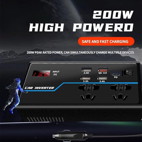 200W Car Power Converter, DC 12V to AC 110V Car Inverter, Car Outlet Adapter with PD 30W(PD3.0)/QC 30W(QC3.0) Fast Charging Ports, Car Plug Converter with On/Off Switch and Current LCD Screen
