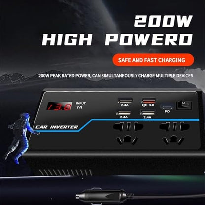 200W Car Power Converter, DC 12V to AC 110V Car Inverter, Car Outlet Adapter with PD 30W(PD3.0)/QC 30W(QC3.0) Fast Charging Ports, Car Plug Converter with On/Off Switch and Current LCD Screen