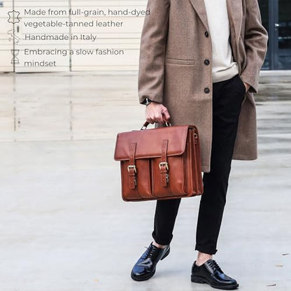 Time Resistance Leather Briefcase for Men Handcrafted in Italy Full Grain Messenger Bag for Laptop - color: Cognac