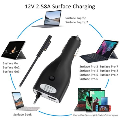 Surface Car Charger, 42W 12V 2.58A Power Supply for Microsoft Surface Pro 3/Pro 4/Pro 5/Pro 6, Surface Book, Surface Go, Surface Laptop with 5V 2.1A USB Charging Port (5Ft Cord)