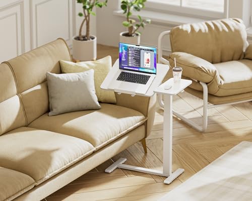 Ywin Medical Overbed Table with Wheels, Lift 27-43in, White | Steel frame & wood top, 0-60° tilt, rolling casters, 66lb load, pneumatic adjustable height for Bed/hospital/couch/office - color: White-1, size: 27.6" x 15.8"