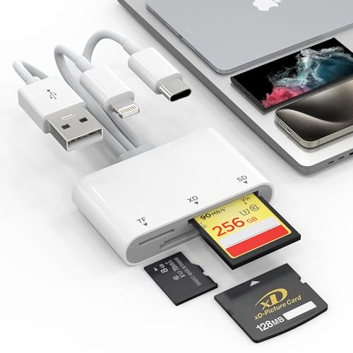 XD Card Reader, SD Card Reader for iPhone, 3 in 1 SD/TF/XD Picture Reader for Lightning/USB C/USB A Device, Lightning+USB A+USB C xd Picture Card Adapter for iPhone 16/15/14/13/iPad/PC/Android - color: White