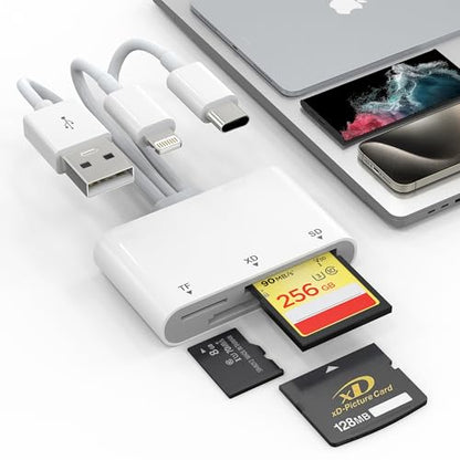 XD Card Reader, SD Card Reader for iPhone, 3 in 1 SD/TF/XD Picture Reader for Lightning/USB C/USB A Device, Lightning+USB A+USB C xd Picture Card Adapter for iPhone 16/15/14/13/iPad/PC/Android - color: White