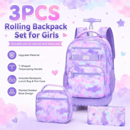 3Pcs Rolling Backpack for Girls, 19 Inche Women Roller Bag with Wheels for Adults, Wheeled Bookbag with Lunch Box(Purple) - color: Tie-dye Purple