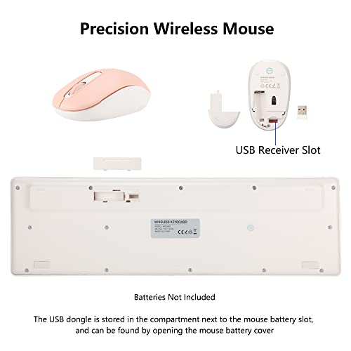 Wireless Keyboard and Mouse Combo, 2.4G Silent Cordless Keyboard Mouse Combo for Windows Chrome Laptop Computer PC Desktop, 106 Keys Full Size with Number Pad, 1600 DPI Optical Mouse (Pink)