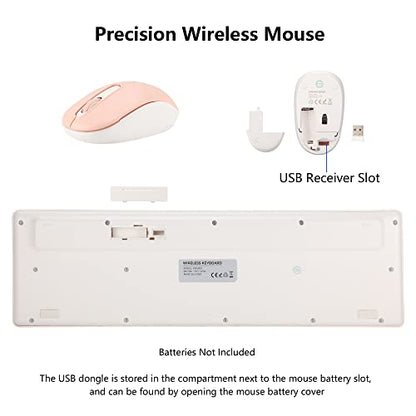 Wireless Keyboard and Mouse Combo, 2.4G Silent Cordless Keyboard Mouse Combo for Windows Chrome Laptop Computer PC Desktop, 106 Keys Full Size with Number Pad, 1600 DPI Optical Mouse (Pink)