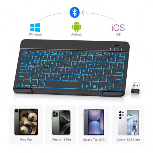 Rechargeable Bluetooth Keyboard Mouse Combo, 10 Inch Keyboard with Backlit, Silent Keys and Wireless Mouse for iPad, Tablet, Laptop and PC
