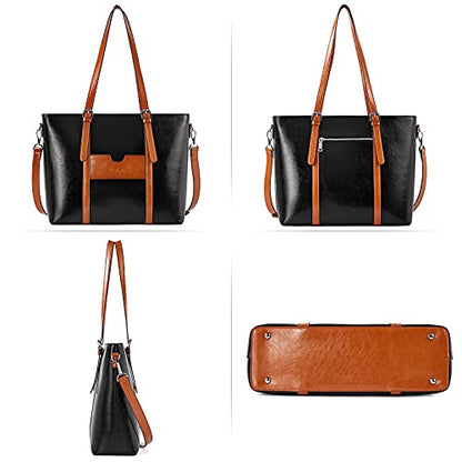 BOSTANTEN Genuine Leather Laptop Bag for Women 15.6'' Briefcase Tote Bags | Laptop Compartment, Structured, Professional, Detachable & Adjustable Shoulder Strap, Metal Feet, Work, Office, Business - color: D-black&brown