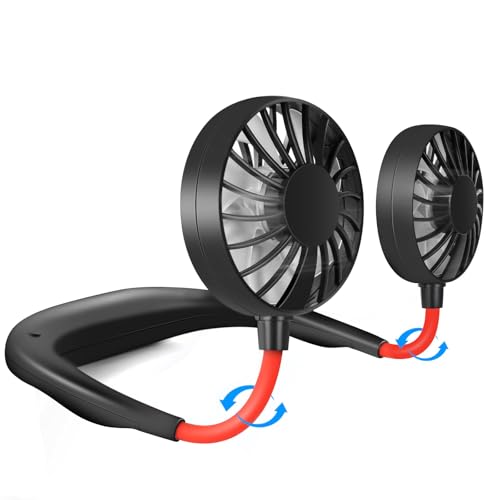 JUANANIUG Portable Neck Fan Rechargeable Personal HandFree Fan Mini USB Wearable Neckband Sport Fan 3 Speed Adjustable 360 Degrees Rotation Perfect for Working Traveling Office Reading (Red Black) - color: Red Black