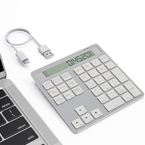 Rechargeable Wireless Number Pad for Laptop - 2-in-1 Dual Bluetooth & Wired Numeric Keypad with Calculator Display, 34 Keys Slim Portable Numpad for PC, MacBook, Tablet - Fast Data Entry & Accounting