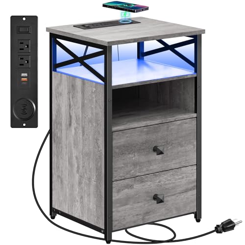 Livofloral LED End Tables with Wireless Charging Station and Wood Drawers, Grey Charging End Table Living Room with USB Ports and Outlets, Storage Bedside Table, Nightstands with LED Light for Bedroom - color: Grey, size: 1 Pack Nightstand with Wireless
