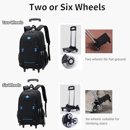 Rolling Backpack for Boys Elementary School Bag with Wheels Travel Trolley Bag 2 wheels and 6 wheels - color: Black/Blue 6 Wheels, size: 6 wheels