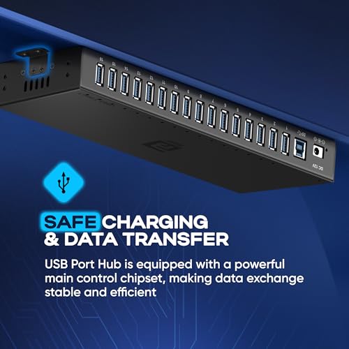 16-Port Powered USB 3.0 Hub, Desktop USB Expansion Hub with 5Gbps High-Speed Data Transfer, Aluminum USB Splitter for Multiple Devices, AC Power Adapter Included for PC and Laptop Use