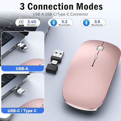 Wireless Mouse Jiggler - Bluetooth Rechargeable Computer Mouse with Undetectable Jiggler Mice Mover, Silent Click Slim Optical USB C Mouse for iPad Pro MacBook Air/Pro Mac Laptop PC - Rose Pink - color: Wireless Bluetooth Mouse (Rose Pink)