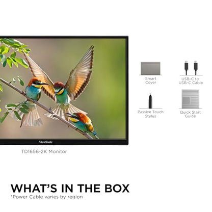 ViewSonic TD1656-2K 16 Inch 1600p Touchscreen Portable Monitor, WQXGA IPS Display for Interactive Workflows and Second Screen Productivity, Built-in Stand, 65W USB-C, mini HDMI, and Smart Cover - style: 1600p Touchscreen