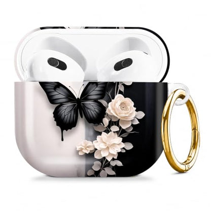 Compatible with AirPod 4 Case 2024, Cute Hard Plastic Protective Cover for Airpod 4th Generation Women, Shockproof Shell Skin with Gold Ring Keychain,Black Butterfly White Flowers Gray Leaf - color: Black Butterfly White Flowers Gray Leaf