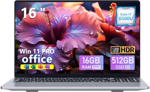 KUMNOSAL 16 inch Laptop with i7-6500U, Laptop Computer 16GB RAM 512GB SSD | UHD Graphics, Win 11 Pro, 180°Open, FHD 1200, Type-C, WiFi5, BT5.0, Mini HDMI, Backlit Keyboard Fingerprint Unlock Laptops