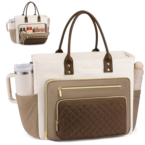 LOVEVOOK Teacher Tote Bag for Women Work, Laptop Bag With Large Cup Holder, Nurse Bags Professional Briefcase Business Computer Purses Handbag Gifts,Khaki-Beige-Coffee,15.6 Inch - color: Khaki-beige-coffee, size: 15.6 Inch
