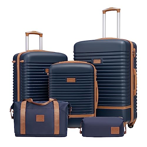 Coolife Suitcase Set 3 Piece Luggage Set Carry On Travel Luggage TSA Lock Spinner Wheels Hardshell Lightweight Luggage Set(Navy, 5 piece set) - color: Navy, size: 5 piece set