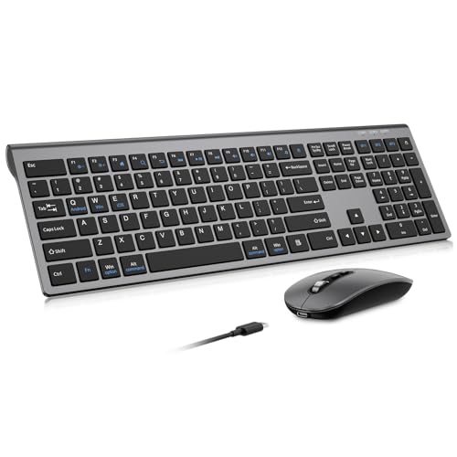 Rechargeable Wireless Bluetooth Keyboard and Mouse Combo, Full Size Silent Ergonomic Scissor Switch Keyboard and Optical Mouse Set, 2.4G Lag-Free Cordless Keyboard Mice for Computer,Mac,Laptop,PC-Grey