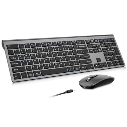 Rechargeable Wireless Bluetooth Keyboard and Mouse Combo, Full Size Silent Ergonomic Scissor Switch Keyboard and Optical Mouse Set, 2.4G Lag-Free Cordless Keyboard Mice for Computer,Mac,Laptop,PC-Grey