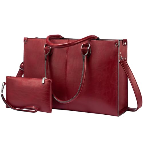 LOVEVOOK Laptop Tote Bag for Women, 15.6 Inch Professional Work Bag with Matching Clutch, Waterproof Vintage Leather Computer Tote for Office, Business Travel & Daily Use, Gift for Women - color: Dark Red, size: 15.6 inch
