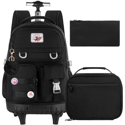 WZLVO 3PCS Rolling Backpack for Girls, 21 inch Water Resistant Roller Backpacks with Wheels, Wheeled Bookbag for Elementary Teens Women - Black - color: Black