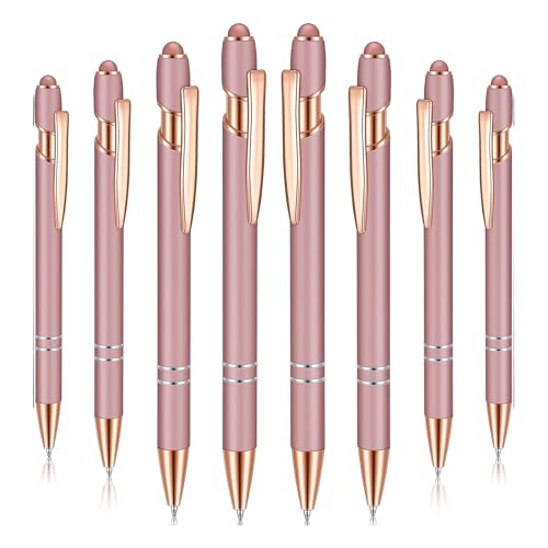 2-in-1 Stylus Ballpoint Pens, 8-Pack, Rose Gold, Retractable, 1.0mm Ink – Stylish Touchscreen-Friendly Pens - color: Rose Gold (Gold Accents)
