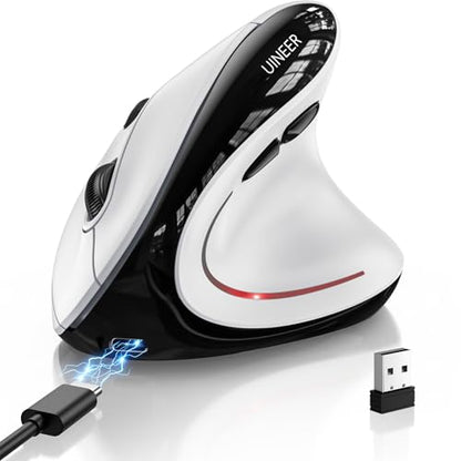 Uineer Ergonomic Wireless Vertical Mouse, 3-Mode Bluetooth 5.0/4.0 & 2.4GHz | Rechargeable, USB-A Receiver, Silent Computer Mouse for Laptop, Mac, iPad and PC, 4 DPI Levels, LED Light, 3-Device Switching