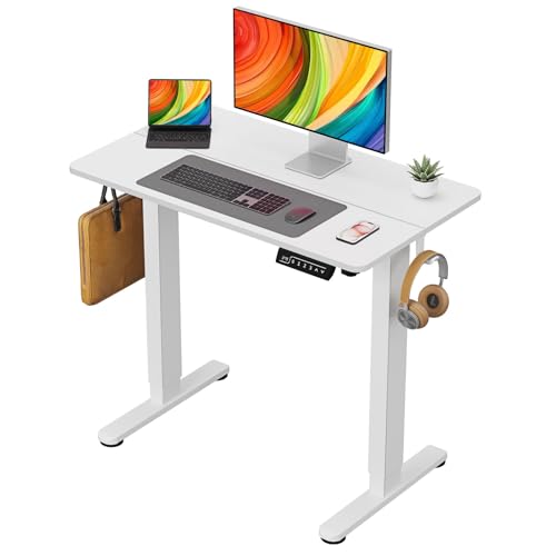 Small Electric Standing Desk, 35" ×20" White Standing Desk, Height Adjustable Compact Sit Stand Workstation with Splice Board, Home Office Desk with 2 Hooks - color: Pearl White, size: 35"