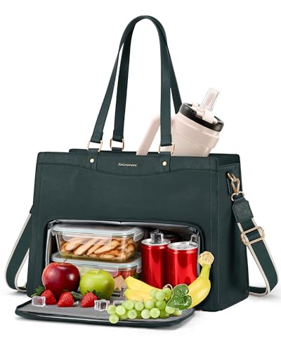 RAINSMORE Laptop Tote Bag with Insulated Lunch Compartment, 15.6 Inch Laptop Work Tote with Lunch Box Pocket for Women, Professional Water-Resistant Business Briefcase for Office,Dark Green - color: Dark Green