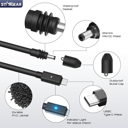 Starlink Mini Cable 16.4FT, 16AWG Starlink Cable with Indicator Light 140W USB C to DC, Accessories for Starlink Work with 100W+ PD Source, Compatible with 28V PPS 20V PD Protocols - size: 16.4FT with LED