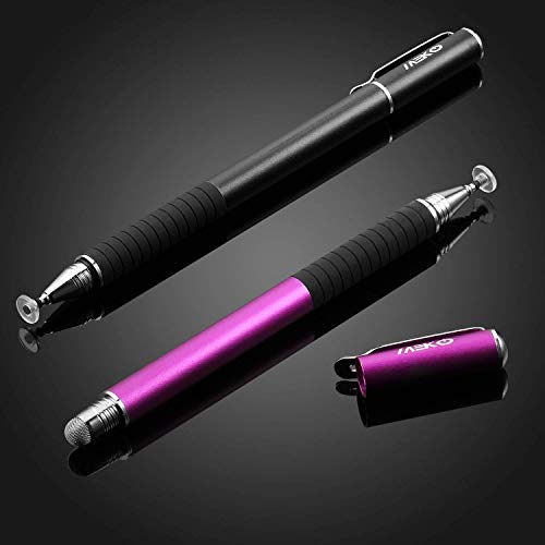 MEKO(2 Pcs) [2 in 1 Precision Series] Disc Stylus/Styli for All Touch Screen Devices Bundle with 4 Replaceable Disc Tips, 2 Replaceable Fiber Tips - (Black/Purple)