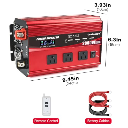 Cantonape 2000W Power Inverter 12V to 110V/120V DC to AC with LCD Display, Remote Controller 3 x AC Outlets and 4 x 3.1A USB Car Adapter for Car Truck Boat RV Solar System - size: 2000W-12V