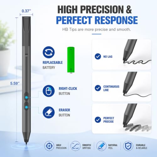 Active Pen for Dell 2-in-1 Touchscreen Laptop, MPP Stylus, Palm Rejection | 1024 Pressure Level, Palm Rejection, Dual Shortcut Buttons, 2500-Hour Battery for Inspiron 5379/7586, Latitude 3190/3390/7230 - color: Black